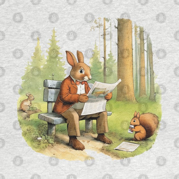 Rabbit sitting on a bench reading a newspaper with a squirre by JnS Merch Store